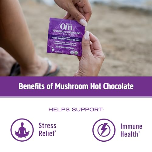 OM MUSHROOM SUPERFOOD Hot Chocolate Blend Mushroom Powder, 8.47 Ounce Canister, 30 Servings, Cocoa, 2g of Sugar, 25 Calories, Lion's Mane, Reishi, Chaga, Turkey Tail, Focus and Stress Support