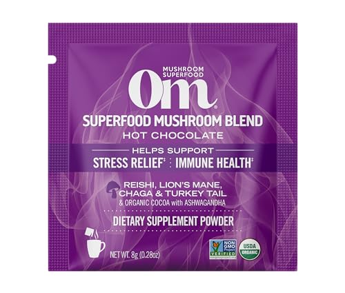 OM MUSHROOM SUPERFOOD Hot Chocolate Blend Mushroom Powder, 8.47 Ounce Canister, 30 Servings, Cocoa, 2g of Sugar, 25 Calories, Lion's Mane, Reishi, Chaga, Turkey Tail, Focus and Stress Support
