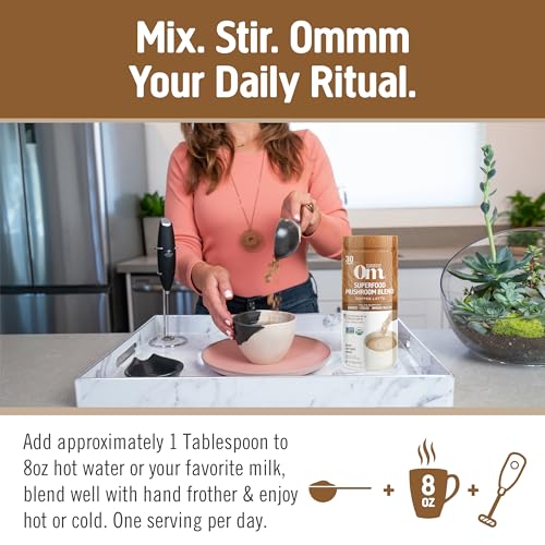 OM MUSHROOM SUPERFOOD Hot Chocolate Blend Mushroom Powder, 8.47 Ounce Canister, 30 Servings, Cocoa, 2g of Sugar, 25 Calories, Lion's Mane, Reishi, Chaga, Turkey Tail, Focus and Stress Support
