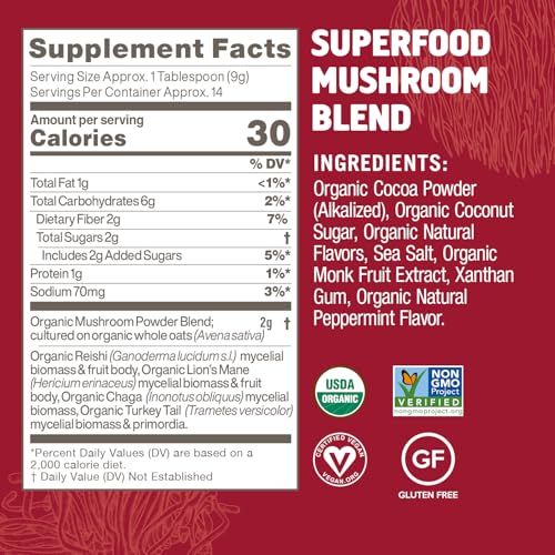 OM MUSHROOM SUPERFOOD Hot Chocolate Blend Mushroom Powder, 8.47 Ounce Canister, 30 Servings, Cocoa, 2g of Sugar, 25 Calories, Lion's Mane, Reishi, Chaga, Turkey Tail, Focus and Stress Support
