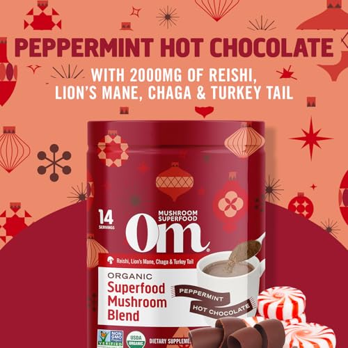 OM MUSHROOM SUPERFOOD Hot Chocolate Blend Mushroom Powder, 8.47 Ounce Canister, 30 Servings, Cocoa, 2g of Sugar, 25 Calories, Lion's Mane, Reishi, Chaga, Turkey Tail, Focus and Stress Support