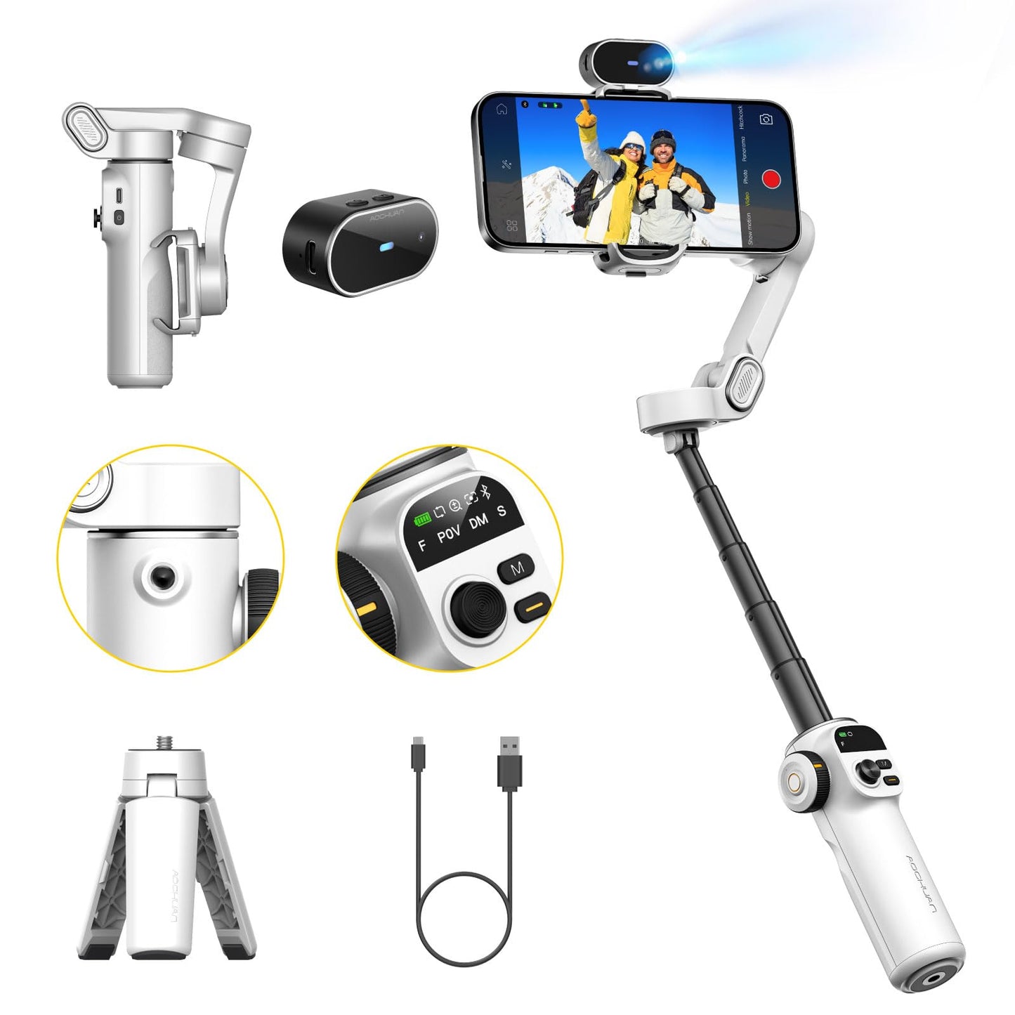 AOCHUAN Gimbal Stabilizer for iPhone, Phone Gimbal with Face/Object Tracking for Vlog Recording, 3-Axis Phone Stabilizer with 7.8' Extension Rod and OLED Display for iPhone/Android-Smart X2 White