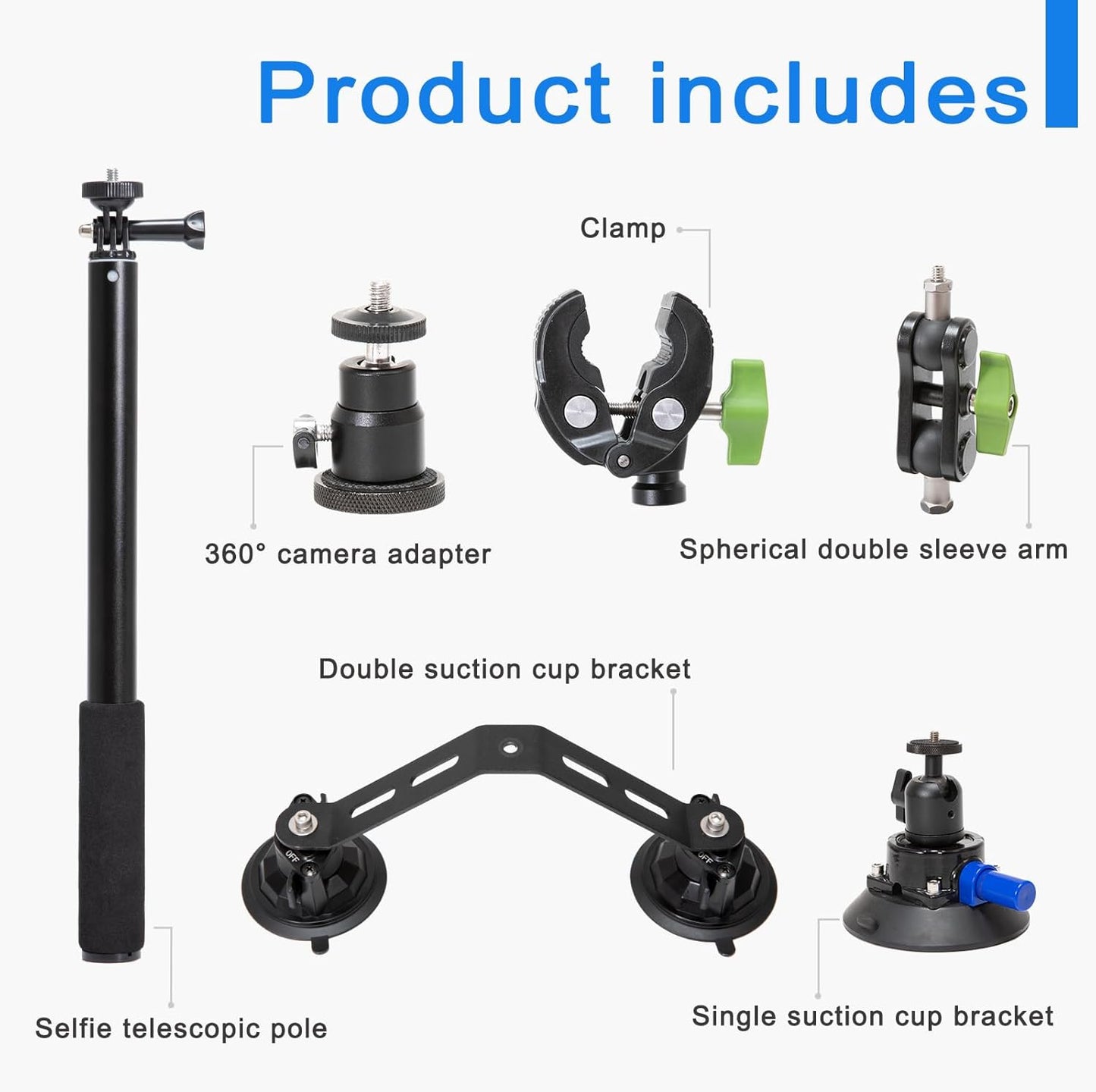Triple Suction Cup 360 Camera Car Mount, with 2in1 Extension Pole/Selfie Stick, Strong Suction Cup Camera Mount, with Action Camera Adapter Compatible Insta360, Compatible CA065