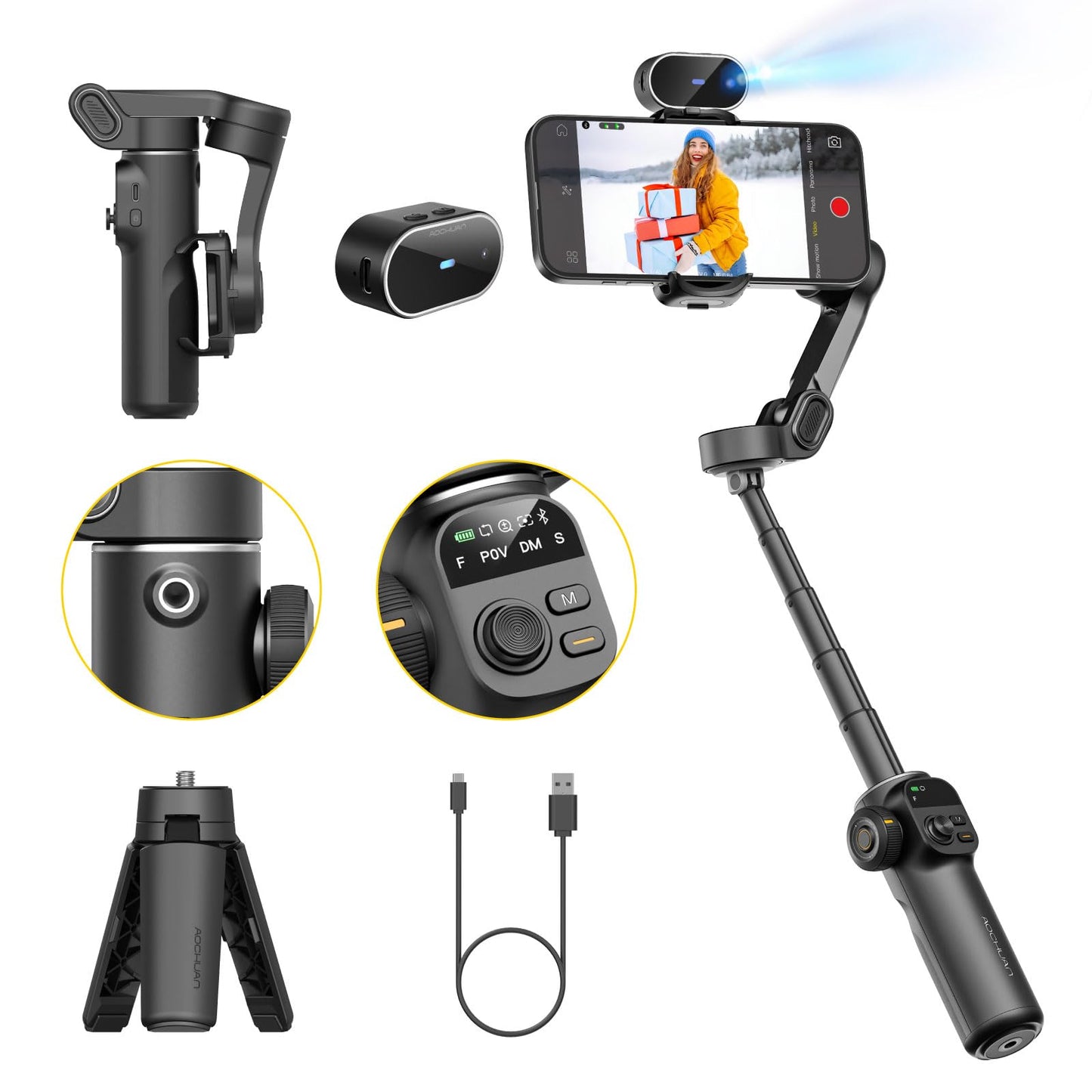 AOCHUAN Gimbal Stabilizer for iPhone, Phone Gimbal with Face/Object Tracking for Vlog Recording, 3-Axis Phone Stabilizer with 7.8' Extension Rod and OLED Display for iPhone/Android-Smart X2 White