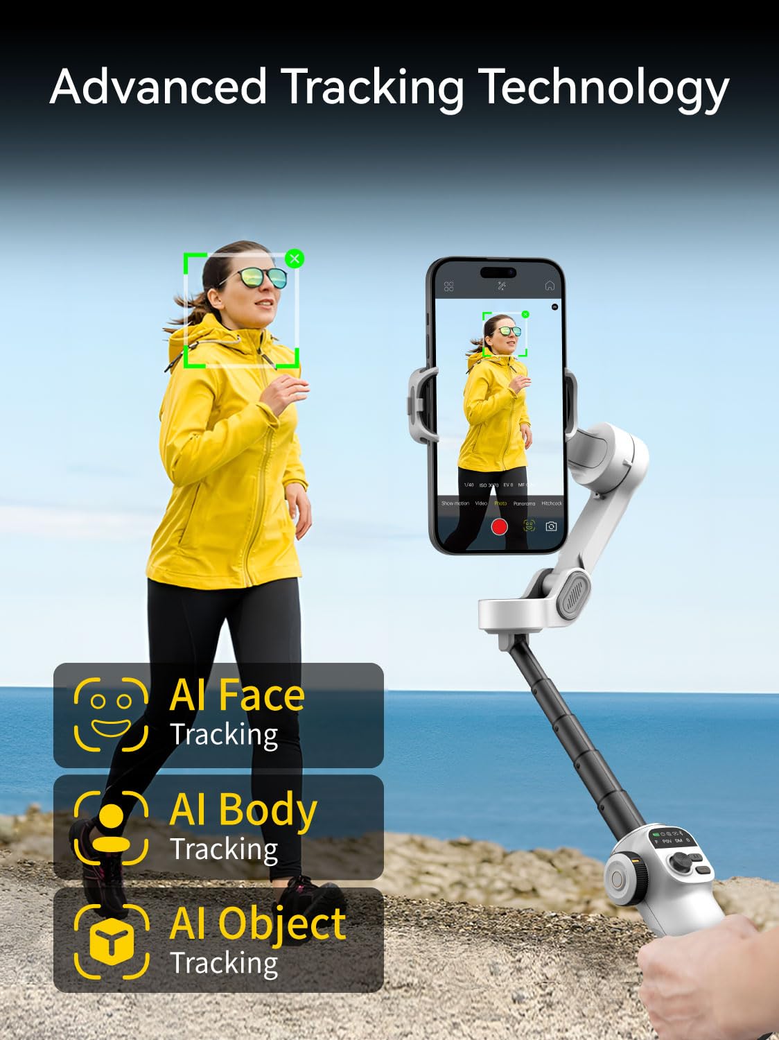 AOCHUAN Gimbal Stabilizer for iPhone, Phone Gimbal with Face/Object Tracking for Vlog Recording, 3-Axis Phone Stabilizer with 7.8' Extension Rod and OLED Display for iPhone/Android-Smart X2 White