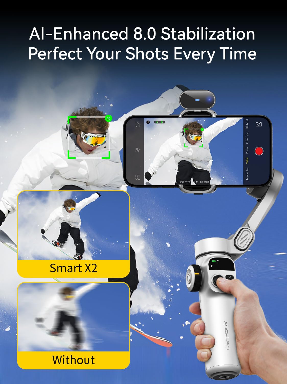 AOCHUAN Gimbal Stabilizer for iPhone, Phone Gimbal with Face/Object Tracking for Vlog Recording, 3-Axis Phone Stabilizer with 7.8' Extension Rod and OLED Display for iPhone/Android-Smart X2 White