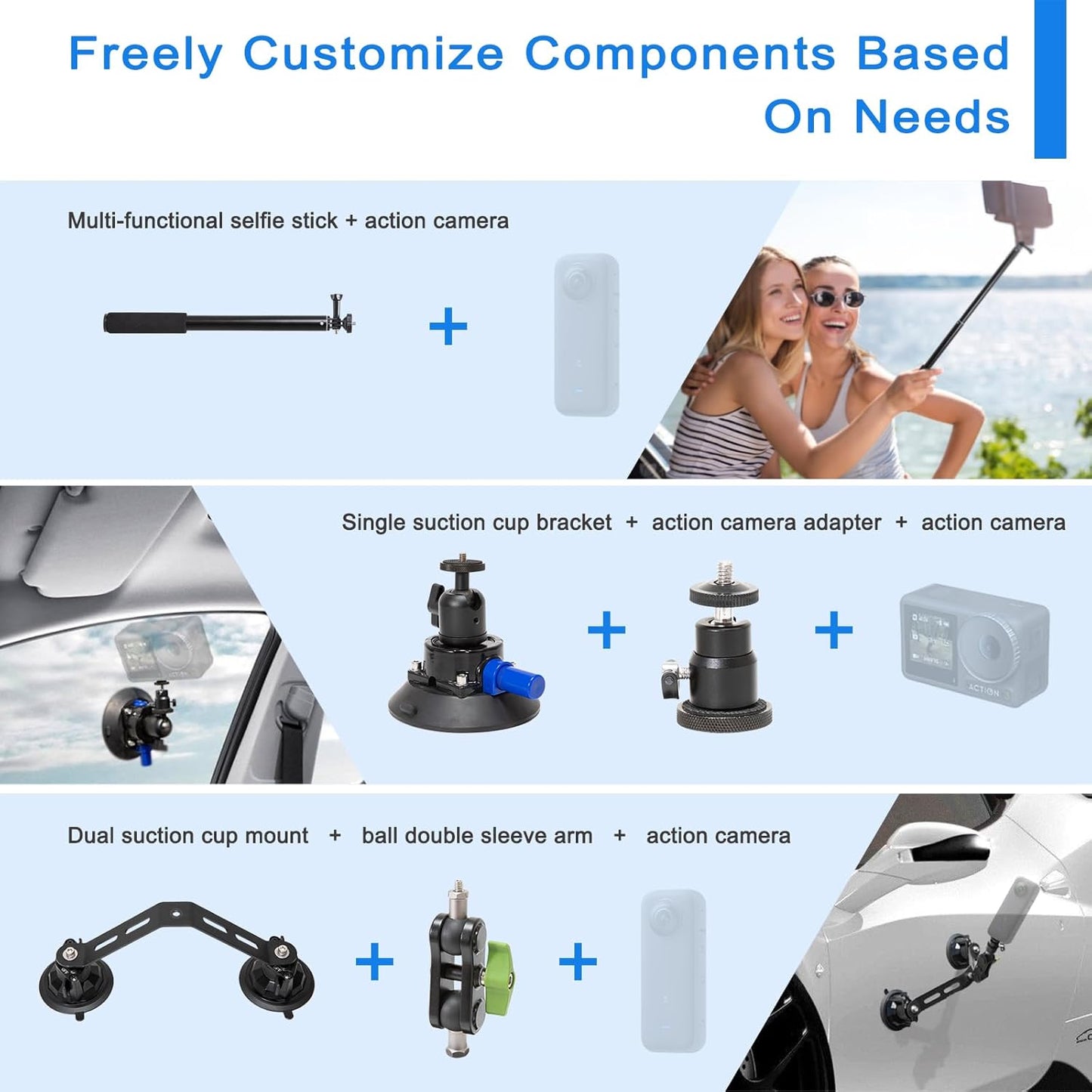 Triple Suction Cup 360 Camera Car Mount, with 2in1 Extension Pole/Selfie Stick, Strong Suction Cup Camera Mount, with Action Camera Adapter Compatible Insta360, Compatible CA065