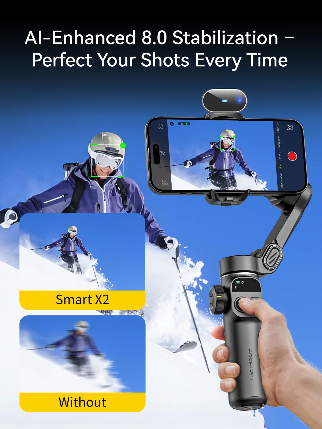 AOCHUAN Gimbal Stabilizer for iPhone, Phone Gimbal with Face/Object Tracking for Vlog Recording, 3-Axis Phone Stabilizer with 7.8' Extension Rod and OLED Display for iPhone/Android-Smart X2 White
