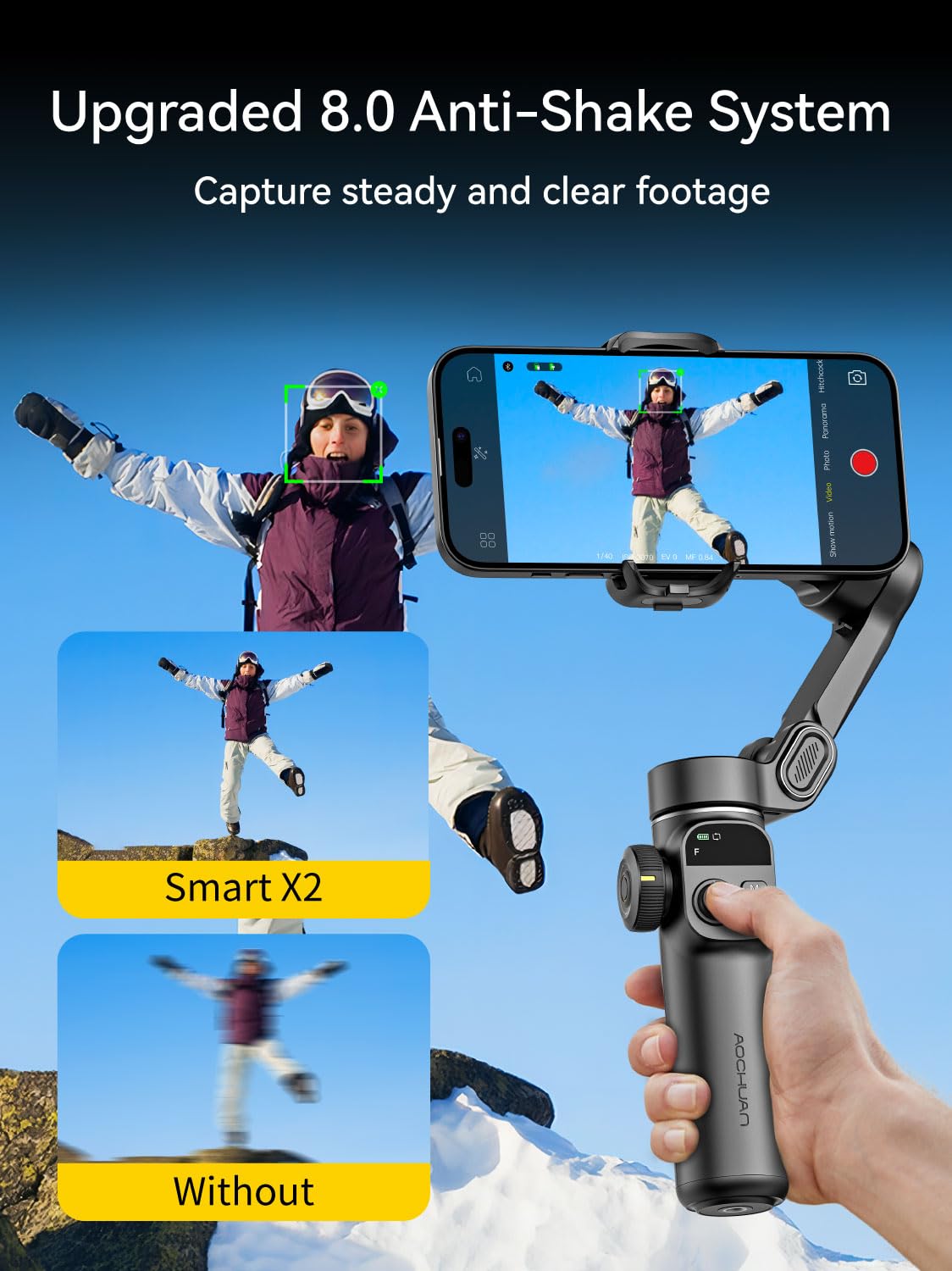 AOCHUAN Gimbal Stabilizer for iPhone, Phone Gimbal with Face/Object Tracking for Vlog Recording, 3-Axis Phone Stabilizer with 7.8' Extension Rod and OLED Display for iPhone/Android-Smart X2 White