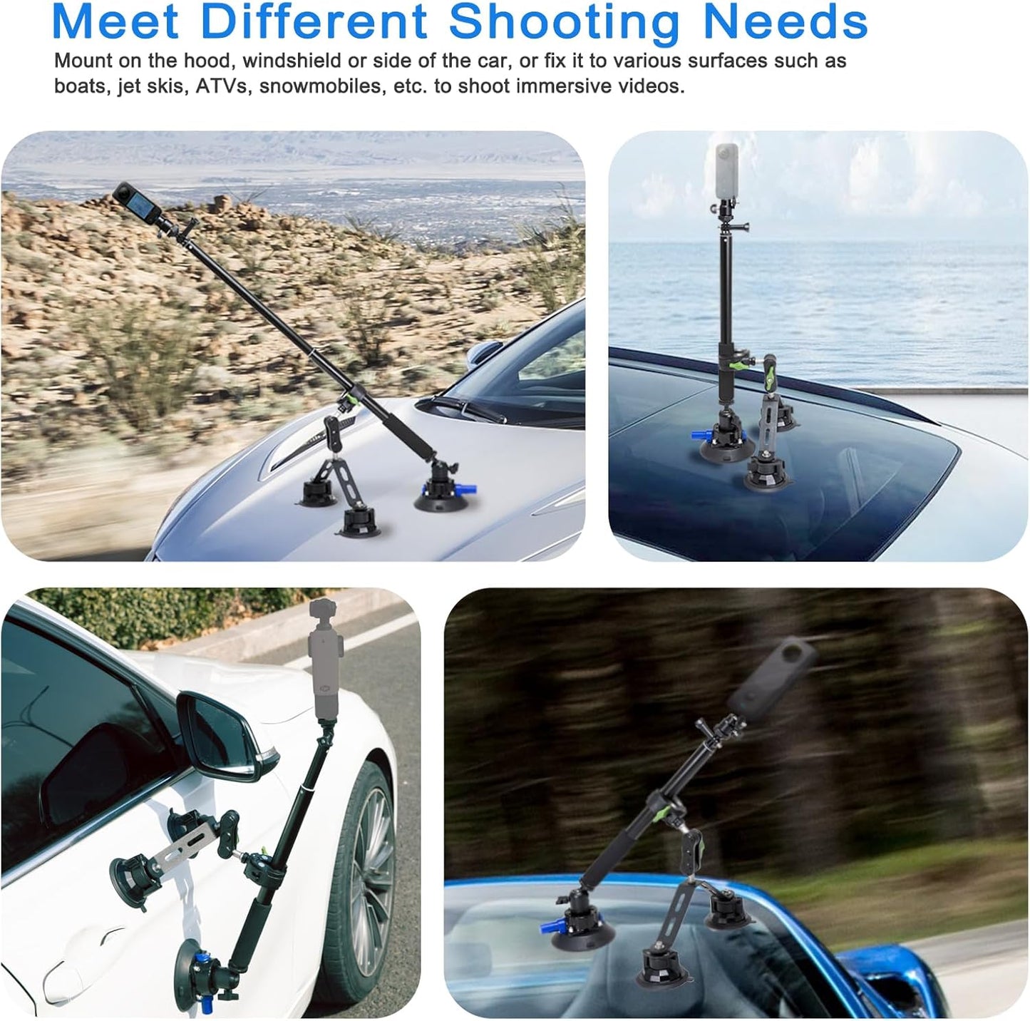 Triple Suction Cup 360 Camera Car Mount, with 2in1 Extension Pole/Selfie Stick, Strong Suction Cup Camera Mount, with Action Camera Adapter Compatible Insta360, Compatible CA065