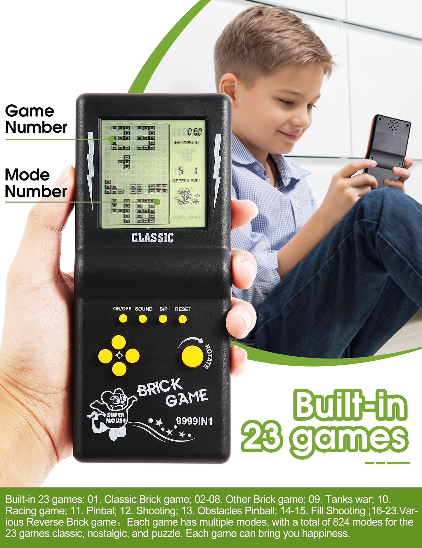 HLF 3.5-inch Large Screen Retro Brick Game Console for The 80s/90s Build in Block Game Racing/Tank Game Built-in 23 Classic Games Nostalgic Puzzle Children's Game Console (Black)