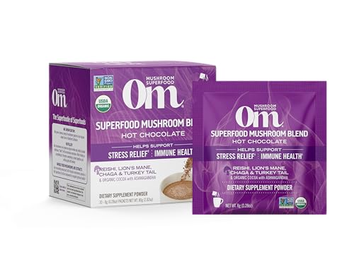 OM MUSHROOM SUPERFOOD Hot Chocolate Blend Mushroom Powder, 8.47 Ounce Canister, 30 Servings, Cocoa, 2g of Sugar, 25 Calories, Lion's Mane, Reishi, Chaga, Turkey Tail, Focus and Stress Support