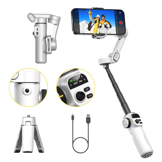 AOCHUAN Gimbal Stabilizer for iPhone, Phone Gimbal with Face/Object Tracking for Vlog Recording, 3-Axis Phone Stabilizer with 7.8' Extension Rod and OLED Display for iPhone/Android-Smart X2 White