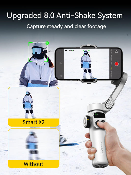 AOCHUAN Gimbal Stabilizer for iPhone, Phone Gimbal with Face/Object Tracking for Vlog Recording, 3-Axis Phone Stabilizer with 7.8' Extension Rod and OLED Display for iPhone/Android-Smart X2 White