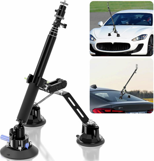 Triple Suction Cup 360 Camera Car Mount, with 2in1 Extension Pole/Selfie Stick, Strong Suction Cup Camera Mount, with Action Camera Adapter Compatible Insta360, Compatible CA065