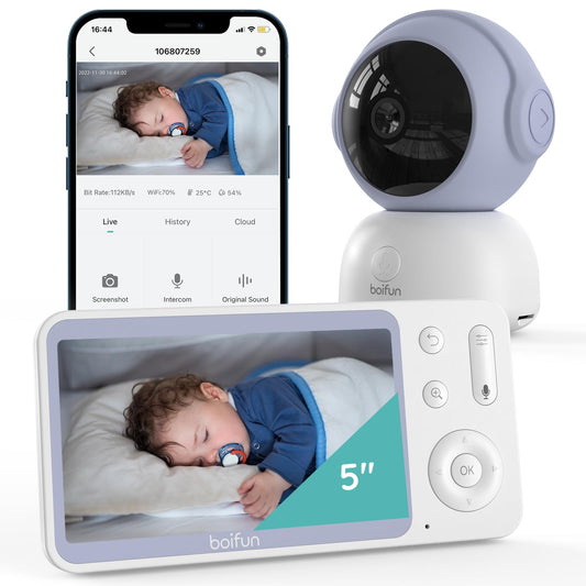 2K Video Baby Monitor WiFi, 360° Camera & 5 Inch Display, Phone App & Monitor Control, Invisible Infrared Light（Eye Protection）, AI Motion & Sound Detection Alarm, Auto Tracking