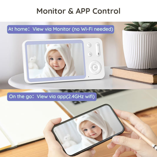 2K Video Baby Monitor WiFi, 360° Camera & 5 Inch Display, Phone App & Monitor Control, Invisible Infrared Light（Eye Protection）, AI Motion & Sound Detection Alarm, Auto Tracking